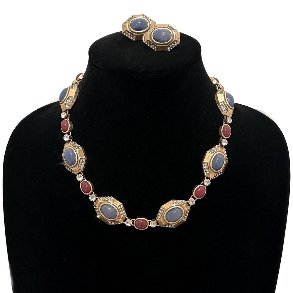 NEIMAN MARCUS | Vintage-Inspired Red & Blue Cabochon Necklace/Earring Set | NWOT - Picture 7 of 10